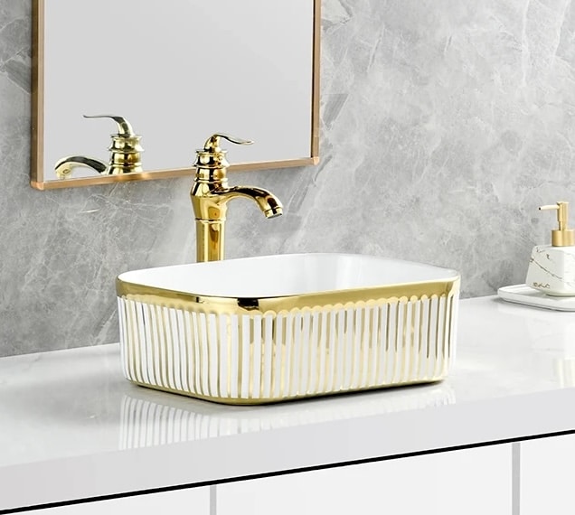 Luxury White & Gold Rectangular Ceramic Countertop Basin  -  Gold Bathroom Basins / Sinks