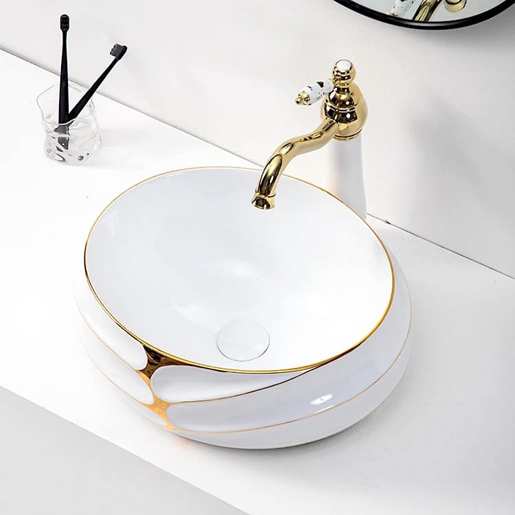 Luxury White & Gold Sculpted Ceramic Countertop Basin  -  Gold Bathroom Basins / Sinks