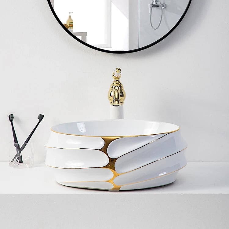 Luxury White & Gold Sculpted Ceramic Countertop Basin  -  Gold Bathroom Basins / Sinks