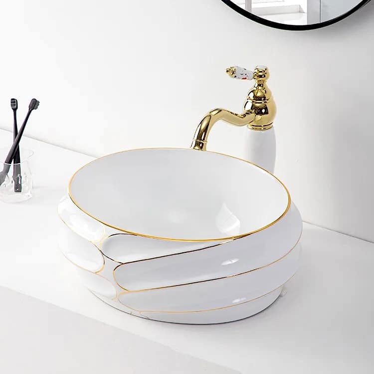 Luxury White & Gold Sculpted Ceramic Countertop Basin  -  Gold Bathroom Basins / Sinks