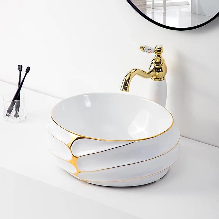 Luxury White & Gold Sculpted Ceramic Countertop Basin  -  Gold Bathroom Basins / Sinks