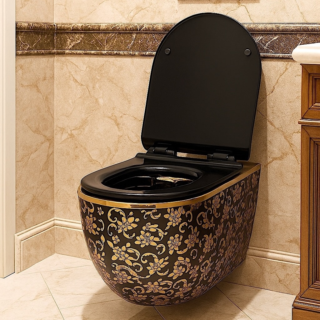 Modern Black and Gold Wall-Mounted Toilet  -  Black Toilets