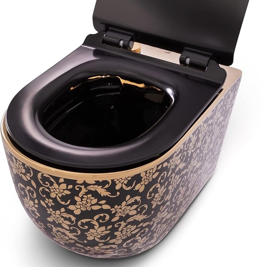 Modern Black and Gold Wall-Mounted Toilet  -  Black Toilets