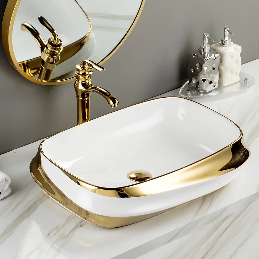 Rectangular White & Gold Luxury Ceramic Basin  -  Gold Bathroom Basins / Sinks