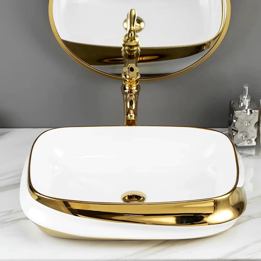 Rectangular White & Gold Luxury Ceramic Basin  -  Gold Bathroom Basins / Sinks