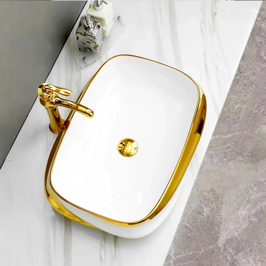 Rectangular White & Gold Luxury Ceramic Basin  -  Gold Bathroom Basins / Sinks