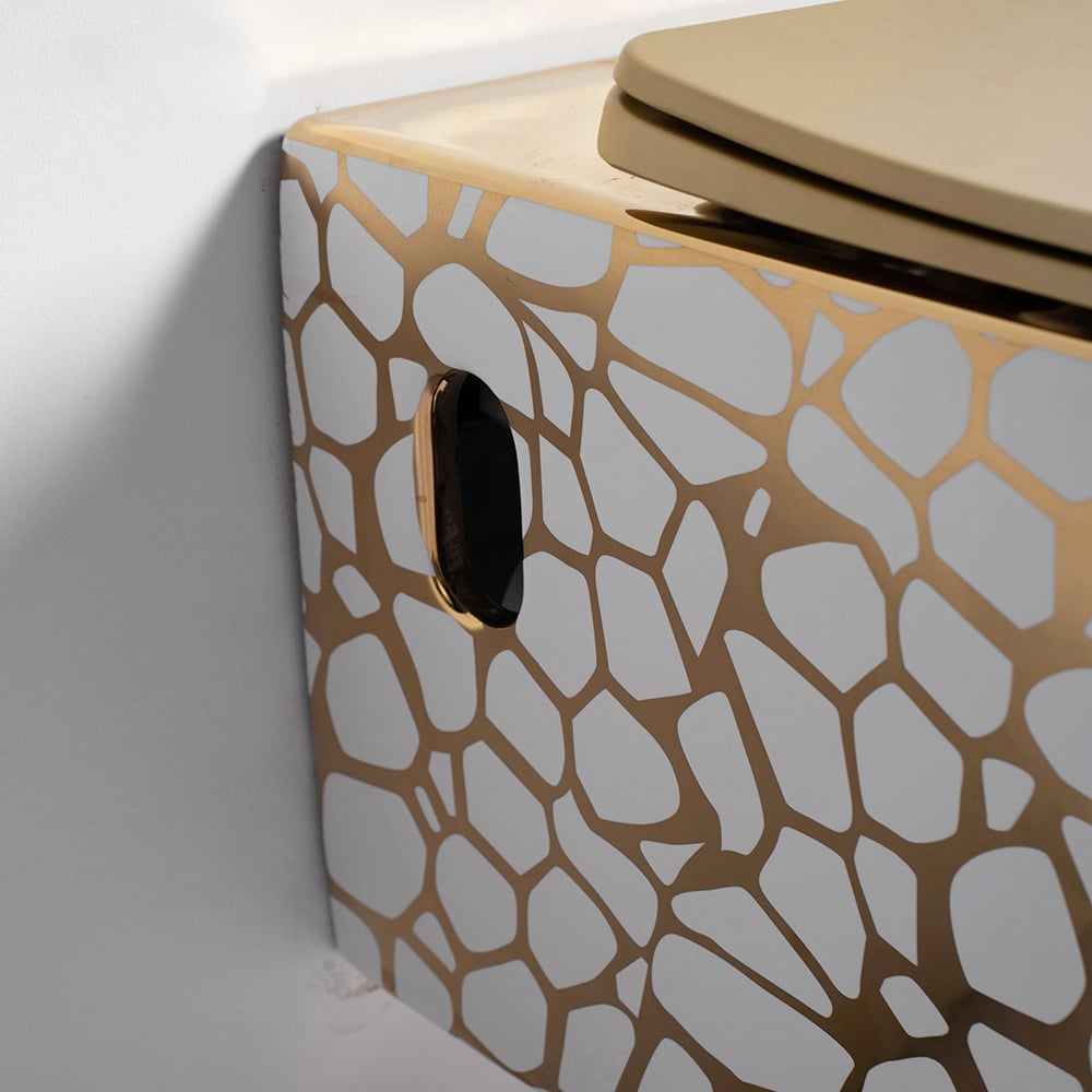 Seraphina Mosaic Square White & Gold Wall-Mounted Toilet  -  Gold Toilets