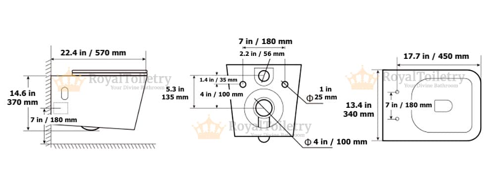 Seraphina Mosaic Square White & Gold Wall-Mounted Toilet Measurements