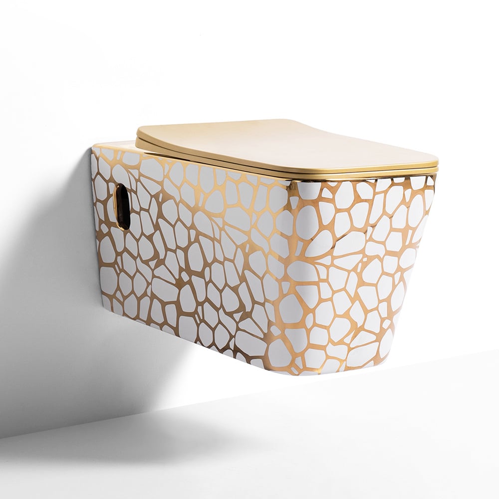 Seraphina Mosaic Square White & Gold Wall-Mounted Toilet  -  Gold Toilets
