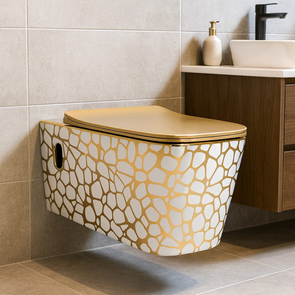 Seraphina Mosaic Square White & Gold Wall-Mounted Toilet  -  Gold Toilets