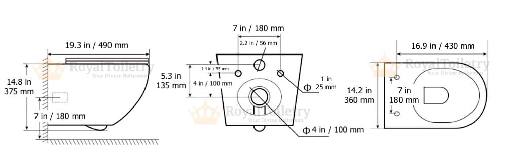 Seraphina Mosaic White & Gold Wall-Mounted Toilet Measurements
