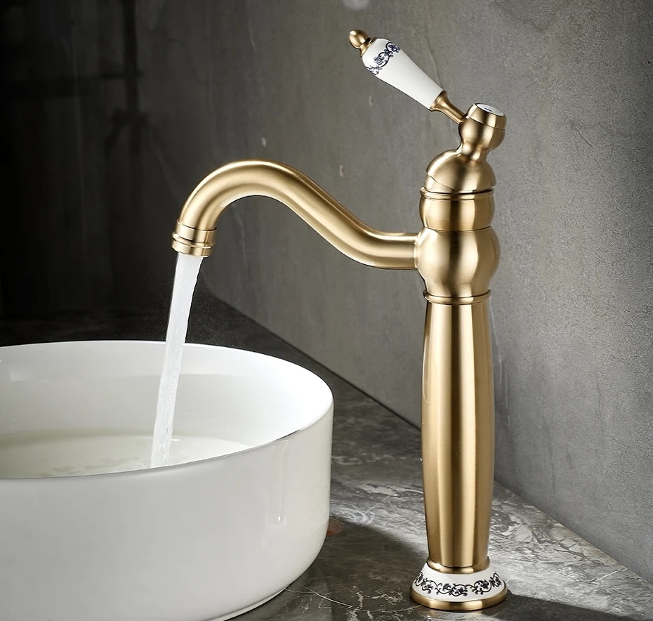 Vintage Charm Brushed Gold Bathroom Faucet with Ceramic Handle  -  Water Taps & Faucets