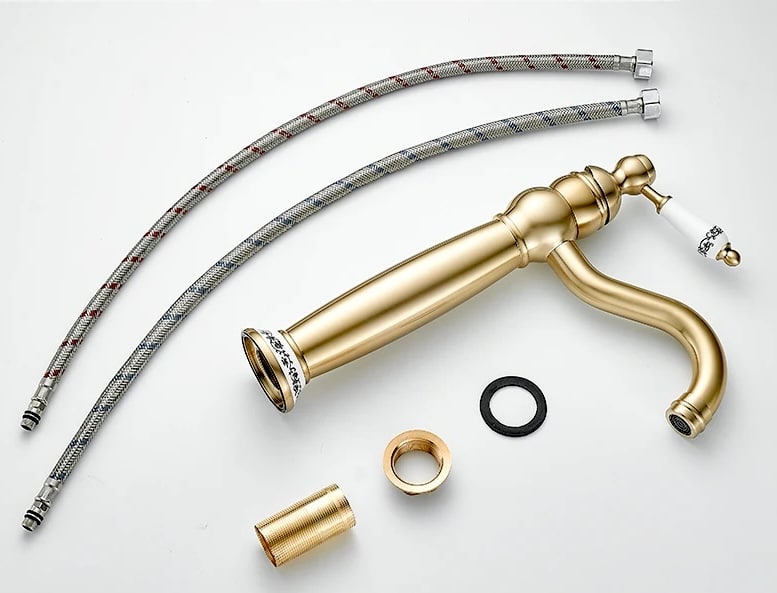 Vintage Charm Brushed Gold Bathroom Faucet with Ceramic Handle  -  Water Taps & Faucets