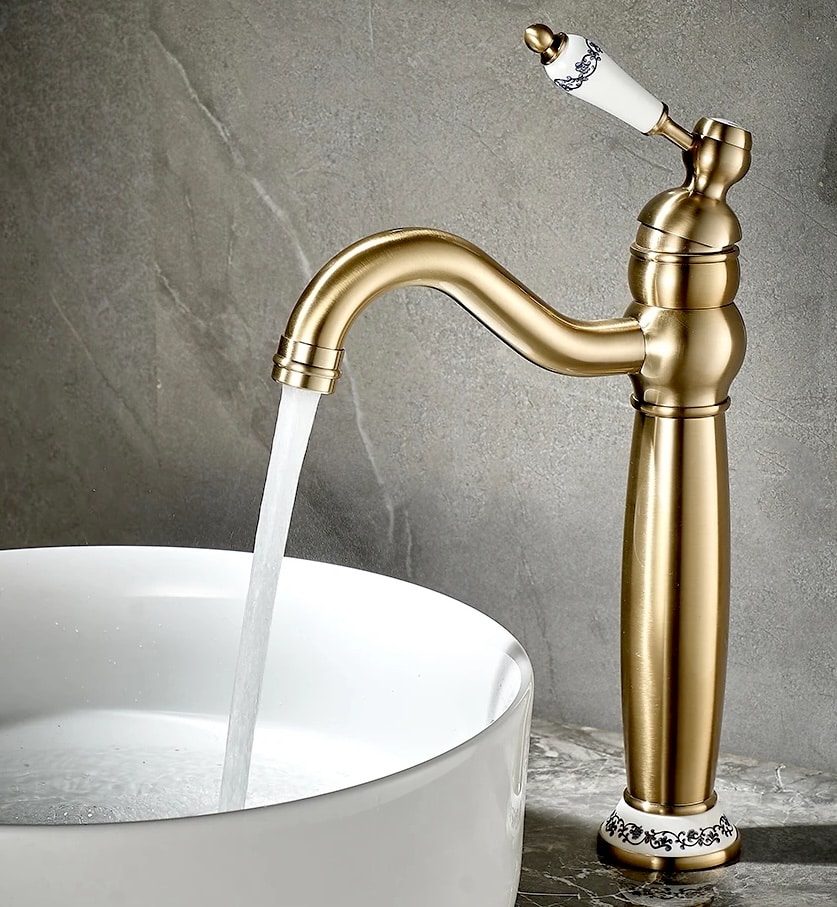 Vintage Charm Brushed Gold Bathroom Faucet with Ceramic Handle  -  Water Taps & Faucets