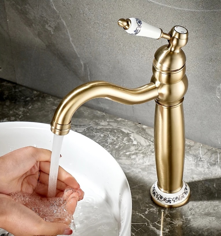 Vintage Charm Brushed Gold Bathroom Faucet with Ceramic Handle  -  Water Taps & Faucets