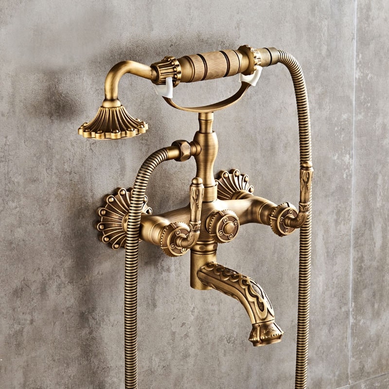 Vintage Antique Brass Wall-Mounted Bathtub & Shower Mixer Set with Hand Shower  -  Shower Sets & Bathtub Faucets