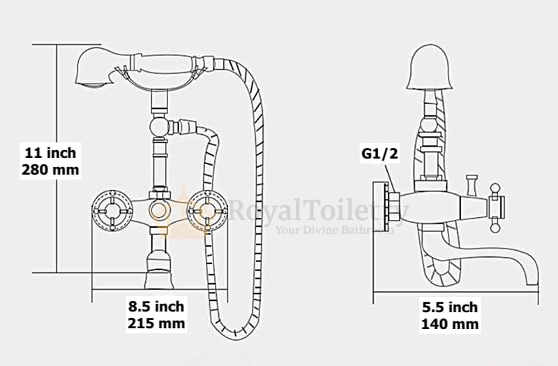 Vintage Antique Brass Wall-Mounted Bathtub & Shower Mixer Set with Hand Shower Dimensions