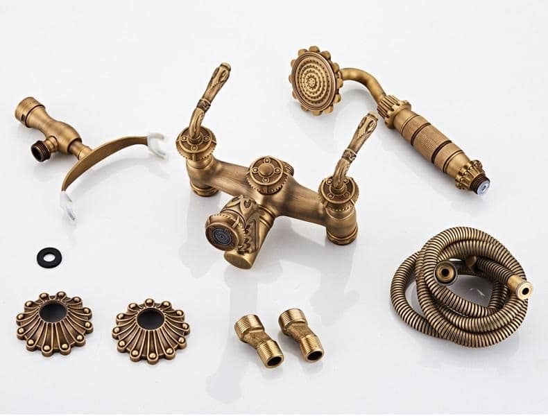 Vintage Antique Brass Wall-Mounted Bathtub & Shower Mixer Set with Hand Shower  -  Shower Sets & Bathtub Faucets