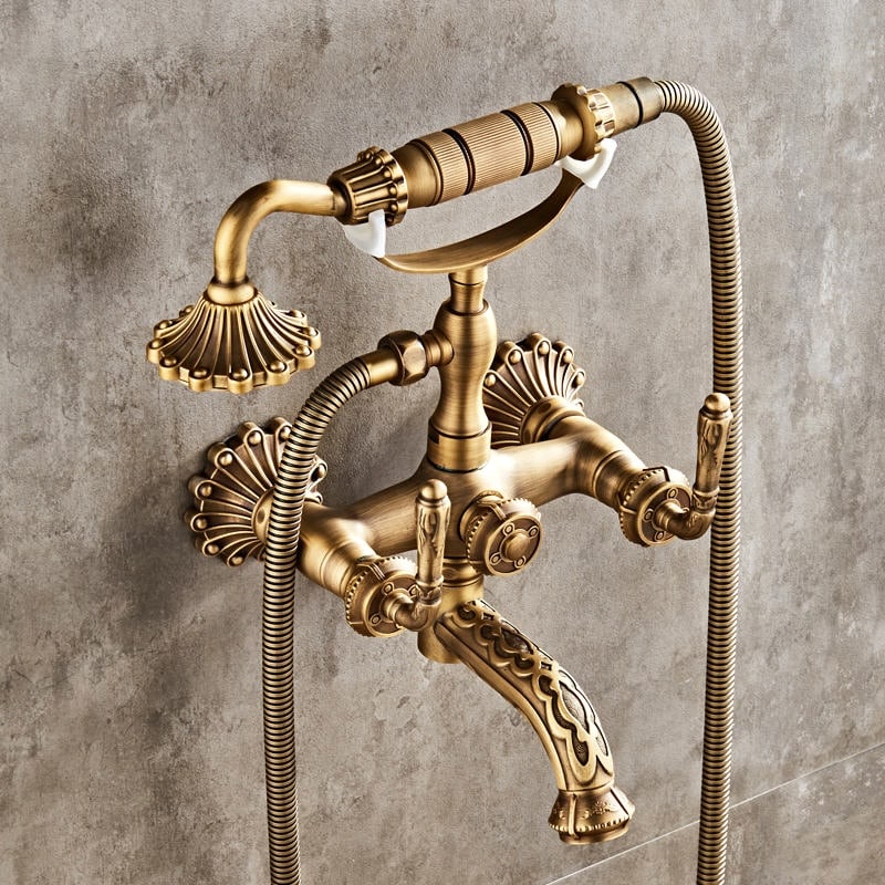 Vintage Antique Brass Wall-Mounted Bathtub & Shower Mixer Set with Hand Shower  -  Shower Sets & Bathtub Faucets