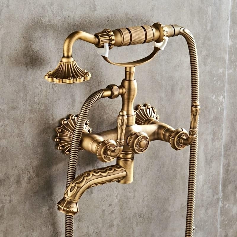 Vintage Antique Brass Wall-Mounted Bathtub & Shower Mixer Set with Hand Shower  -  Shower Sets & Bathtub Faucets