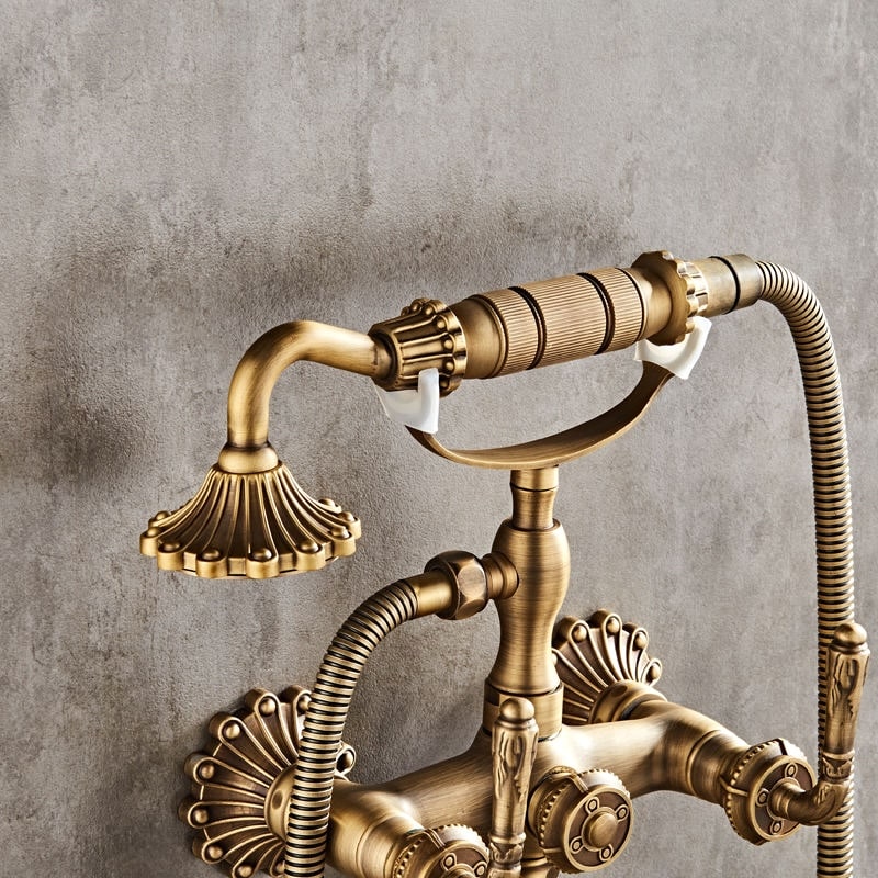 Vintage Antique Brass Wall-Mounted Bathtub & Shower Mixer Set with Hand Shower  -  Shower Sets & Bathtub Faucets