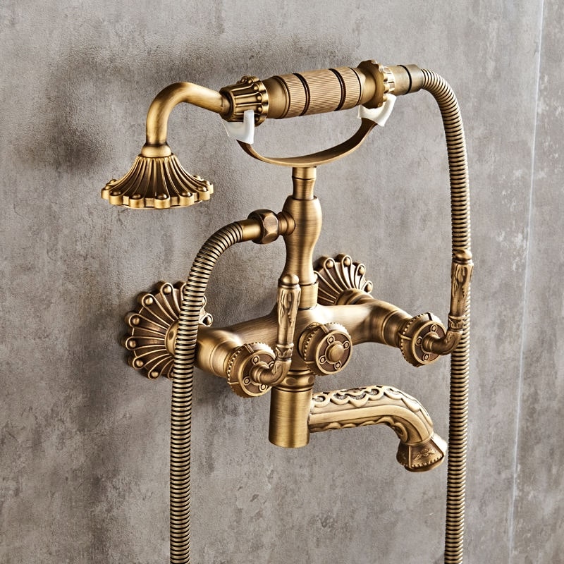 Vintage Antique Brass Wall-Mounted Bathtub & Shower Mixer Set with Hand Shower  -  Shower Sets & Bathtub Faucets