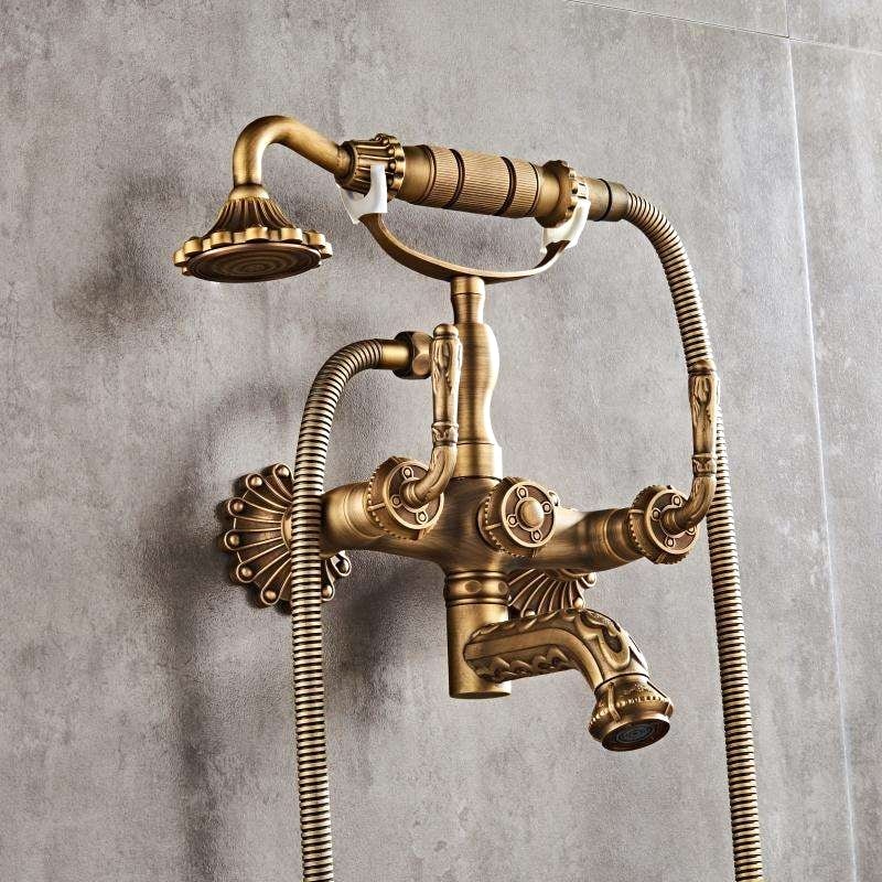 Vintage Antique Brass Wall-Mounted Bathtub & Shower Mixer Set with Hand Shower  -  Shower Sets & Bathtub Faucets