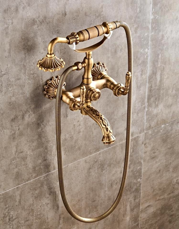 Vintage Antique Brass Wall-Mounted Bathtub & Shower Mixer Set with Hand Shower  -  Shower Sets & Bathtub Faucets
