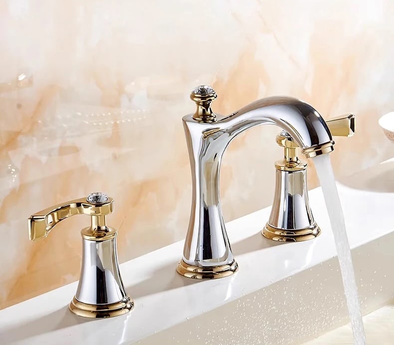 Luxury Gold & Chrome Widespread Bathroom Sink Faucet with Crystal Handles  -  Gold Water Taps & Faucets