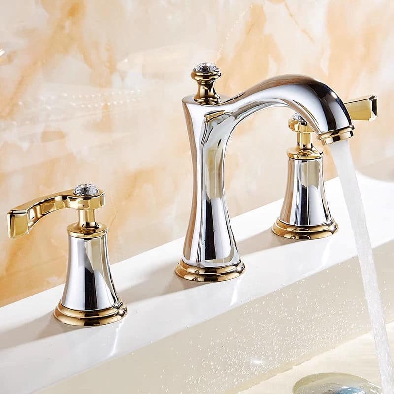 Luxury Gold & Chrome Widespread Bathroom Sink Faucet with Crystal Handles  -  Gold Water Taps & Faucets