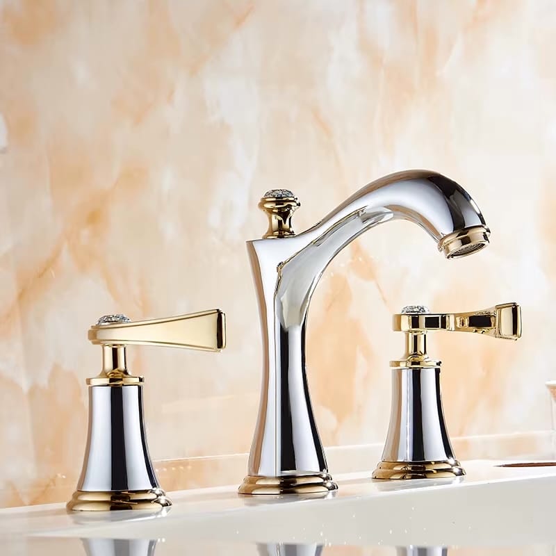 Luxury Gold & Chrome Widespread Bathroom Sink Faucet with Crystal Handles  -  Gold Water Taps & Faucets