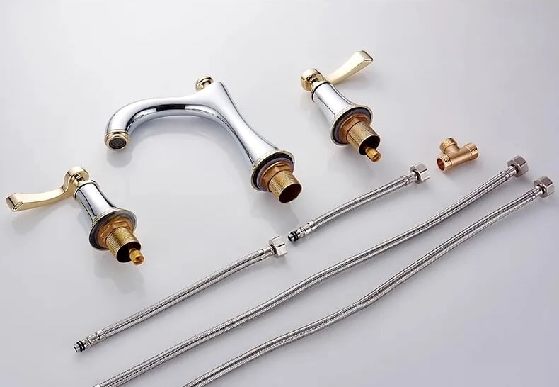 Luxury Gold & Chrome Widespread Bathroom Sink Faucet with Crystal Handles  -  Gold Water Taps & Faucets