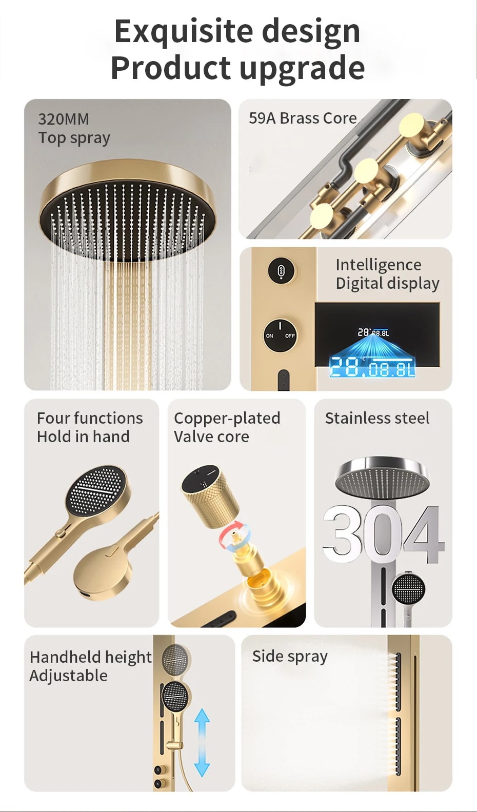 Modern Smart Thermostatic Shower System with LED Display – Brushed Gold Rainfall Shower Set with Side Sprays & Handheld  -  Shower Sets & Bathtub Faucets