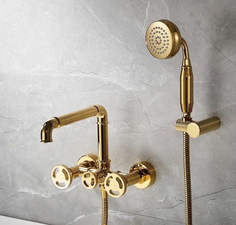 Retro Industrial Dual Handle Gold Bathtub Faucet with Hand Shower  -  Shower Sets & Bathtub Faucets
