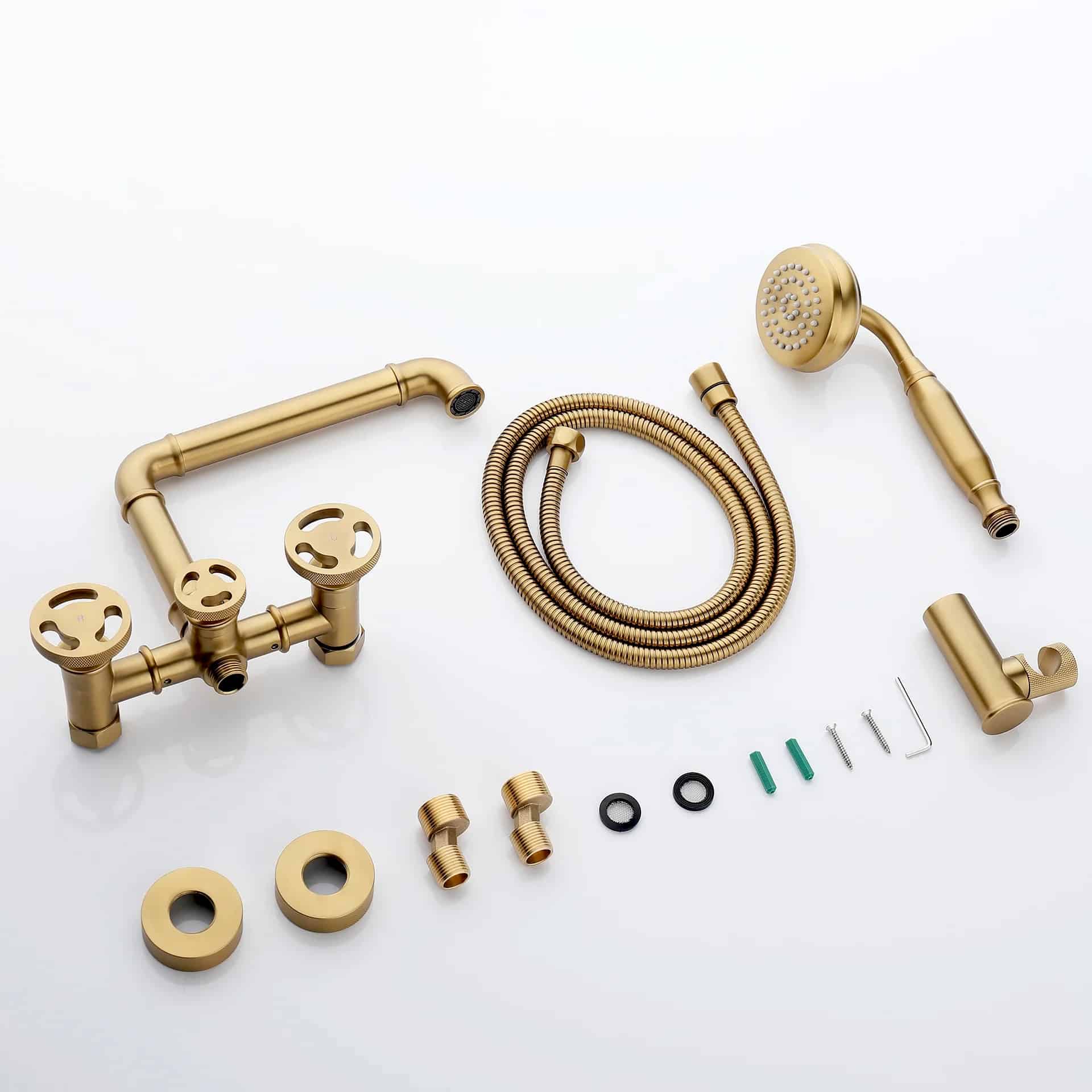 Retro Industrial Dual Handle Gold Bathtub Faucet with Hand Shower  -  Shower Sets & Bathtub Faucets