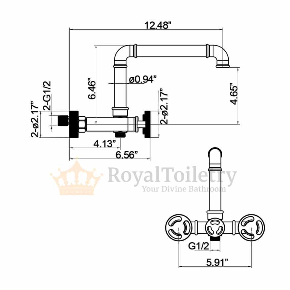 Retro Industrial Dual Handle Gold Bathtub Faucet with Hand Shower Measurements