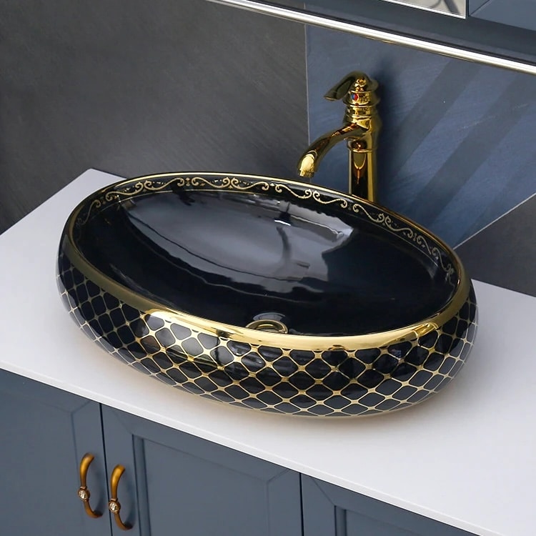 Black & Gold Bathroom Basin with Luxury Mesh Pattern  -  Gold Bathroom Countertop Basins / Sinks
