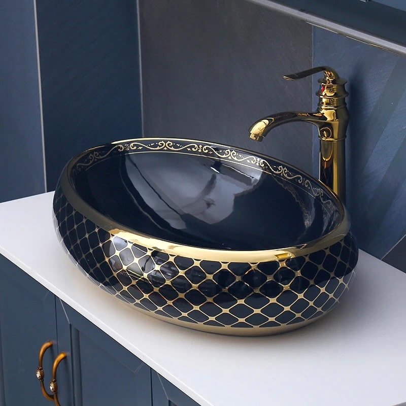 Black & Gold Bathroom Basin with Luxury Mesh Pattern  -  Gold Bathroom Countertop Basins / Sinks