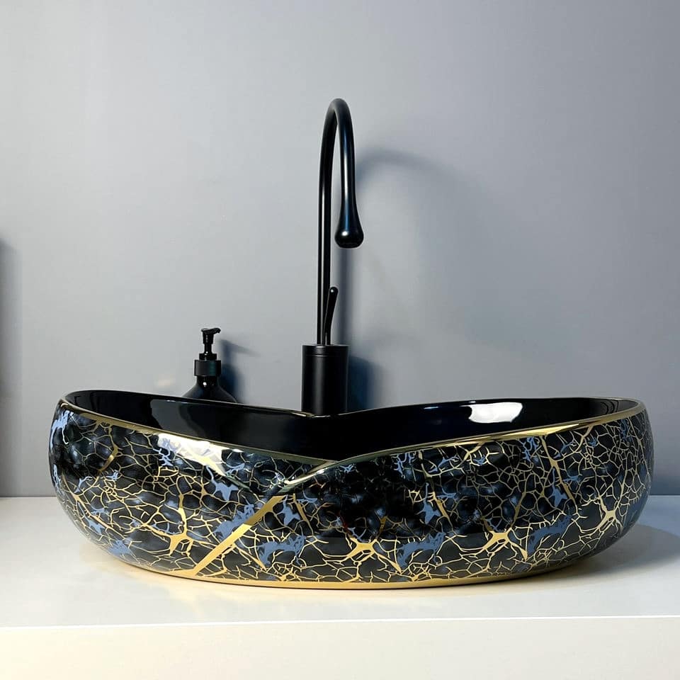 Black & Gold Marble Crackle Luxury Oval Bathroom Vessel Sink  -  Gold Bathroom Countertop Basins / Sinks