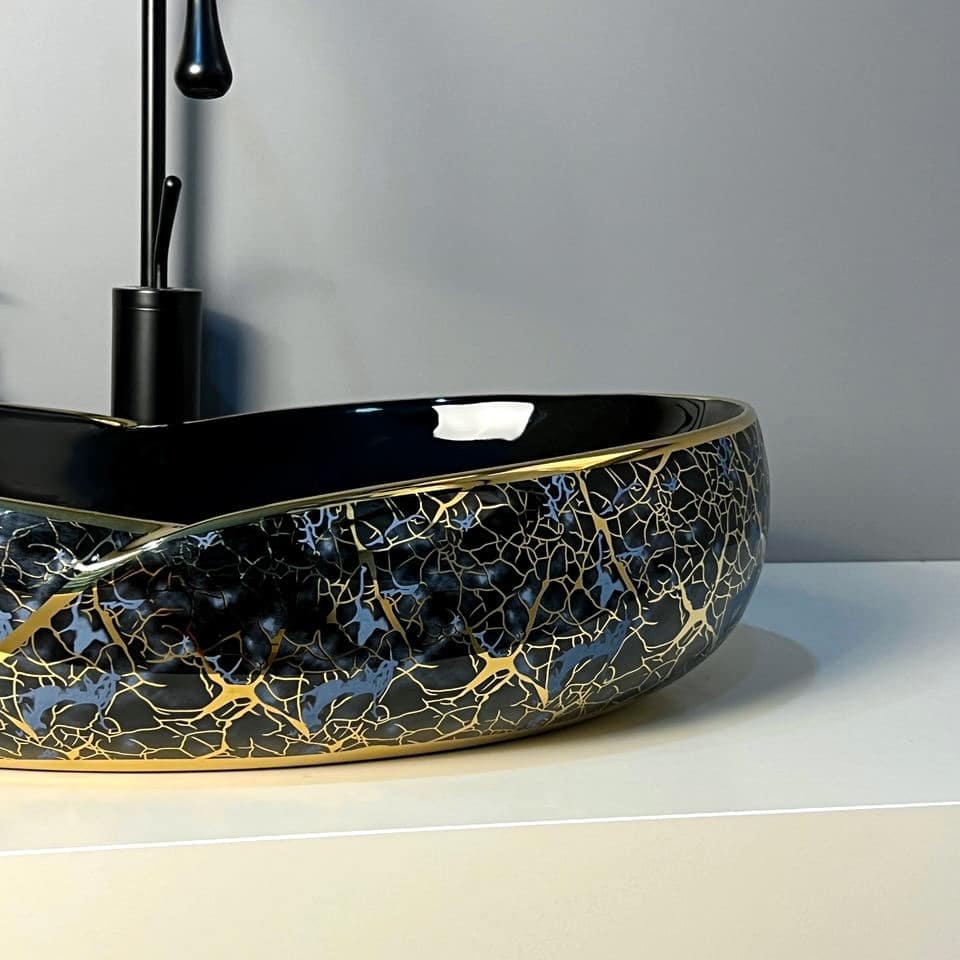 Black & Gold Marble Crackle Luxury Oval Bathroom Vessel Sink  -  Gold Bathroom Countertop Basins / Sinks