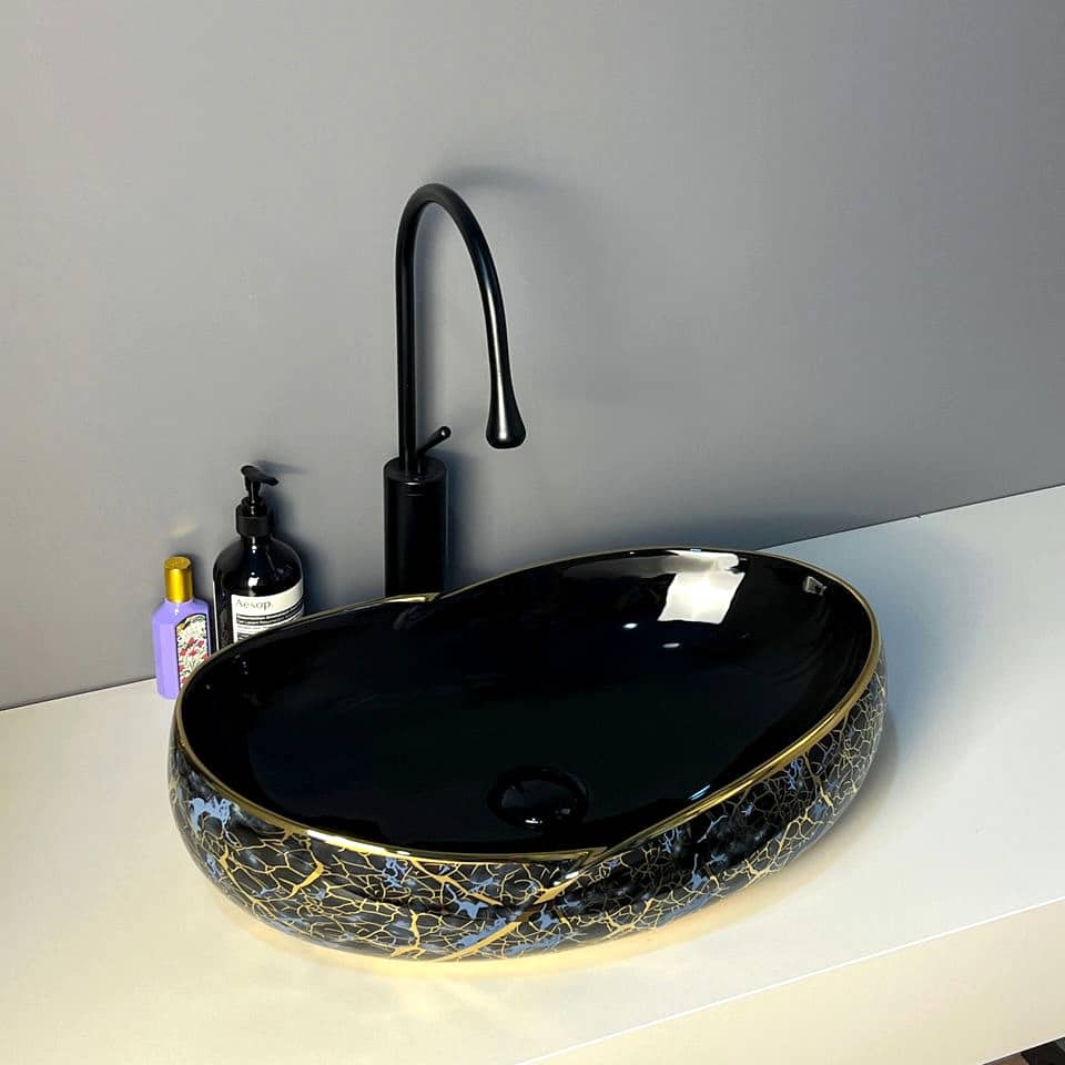 Black & Gold Marble Crackle Luxury Oval Bathroom Vessel Sink  -  Gold Bathroom Countertop Basins / Sinks