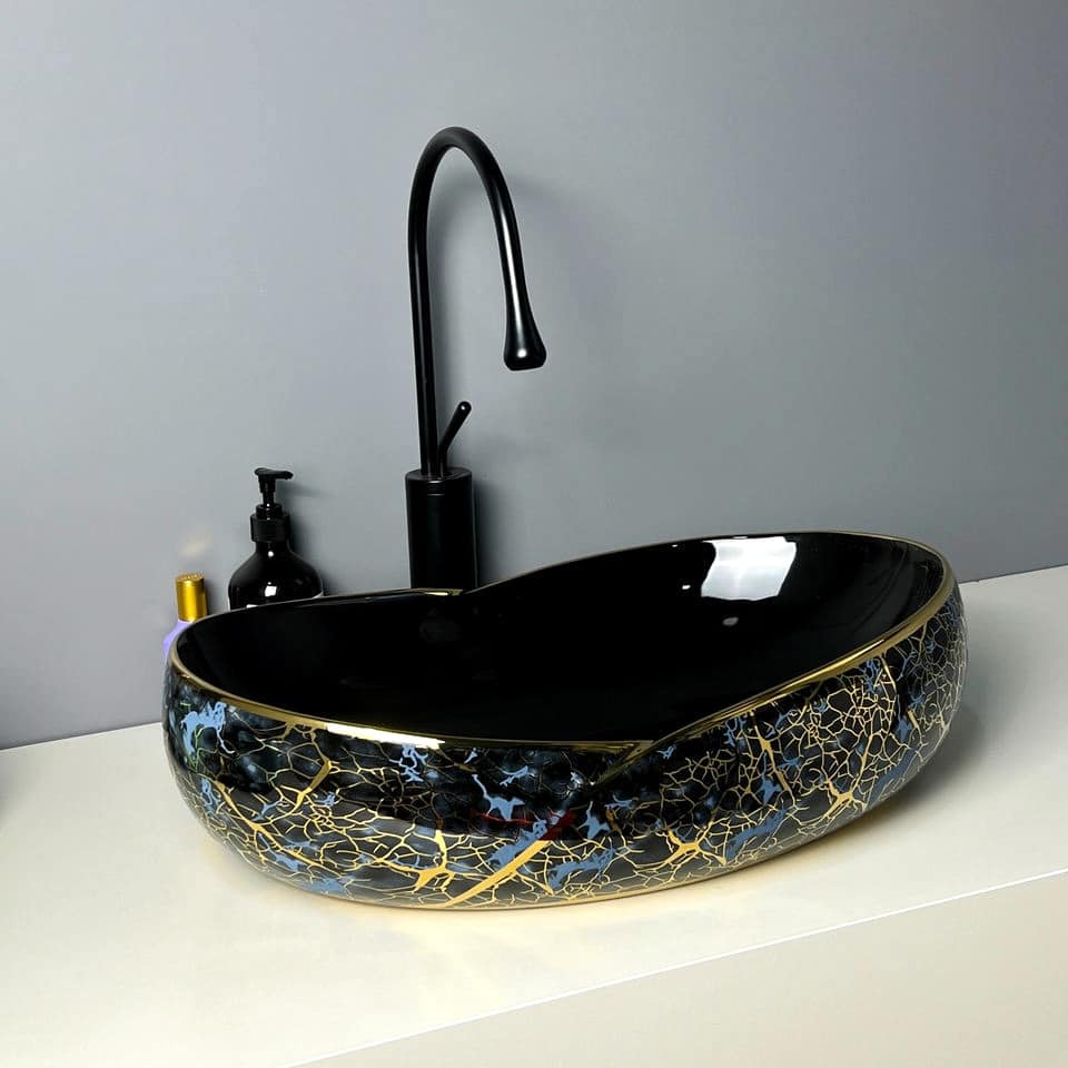 Black & Gold Marble Crackle Luxury Oval Bathroom Vessel Sink  -  Gold Bathroom Countertop Basins / Sinks