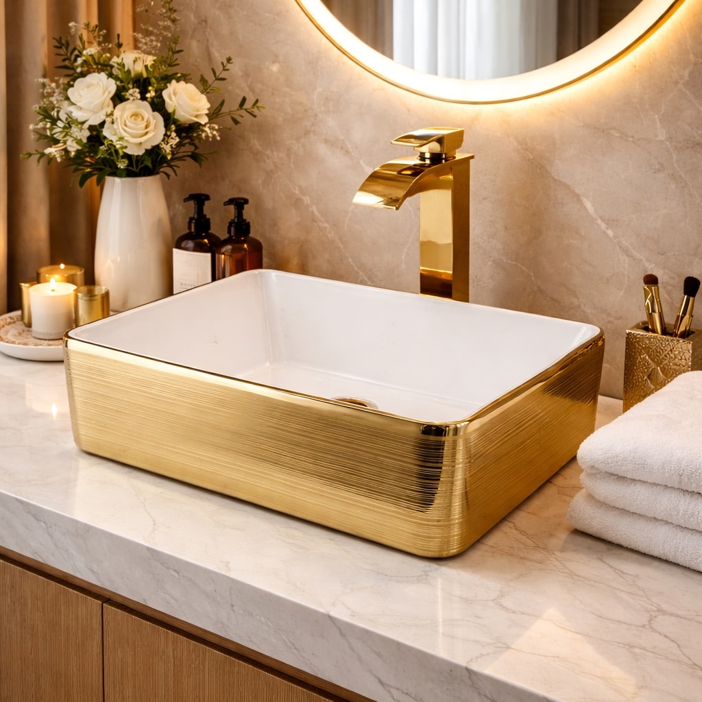 Gold Plated Brushed Glossy Bathroom Vessel Sink  -  Gold Bathroom Countertop Basins / Sinks