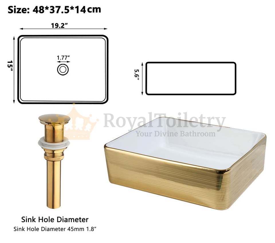 Gold Plated Brushed Glossy Bathroom Vessel Sink Dimensions with the image and information regarding the drain.