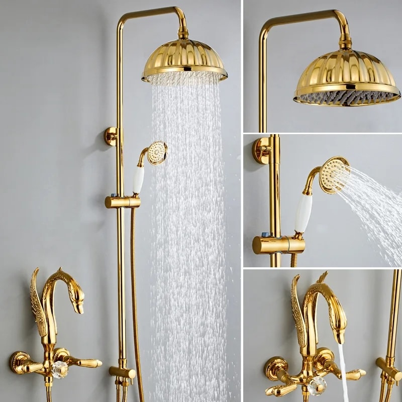 Luxury Gold Swan Shower Faucet Set with Rainfall Shower & Handheld Spray  -  Shower Sets & Bathtub Faucets