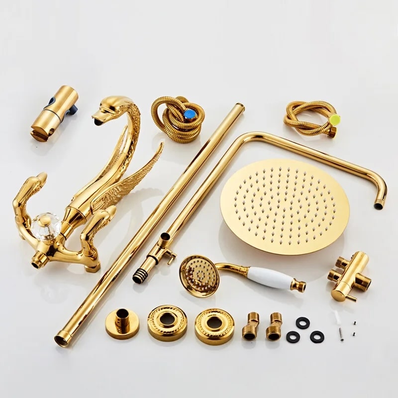 Luxury Gold Swan Shower Faucet Set with Rainfall Shower & Handheld Spray  -  Shower Sets & Bathtub Faucets