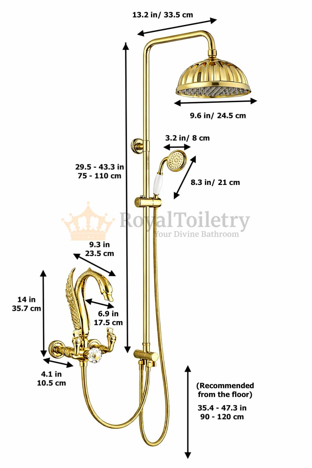 Luxury Gold Swan Shower Faucet Set with Rainfall Shower & Handheld Spray - dimensions in inches and cm