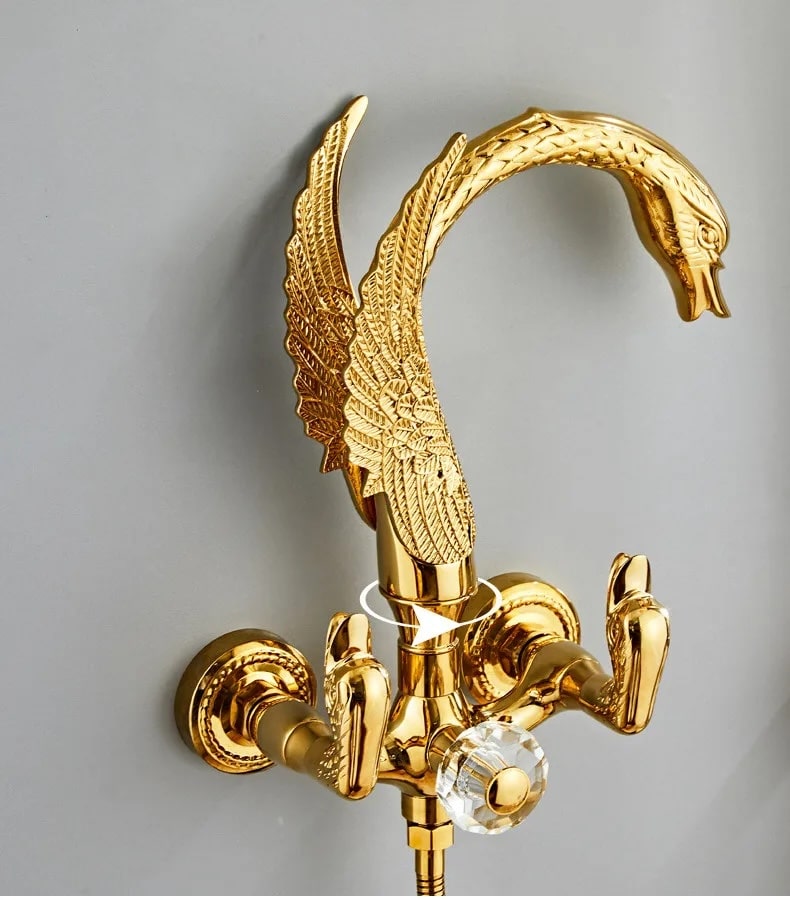 Luxury Gold Swan Shower Faucet Set with Rainfall Shower & Handheld Spray  -  Shower Sets & Bathtub Faucets