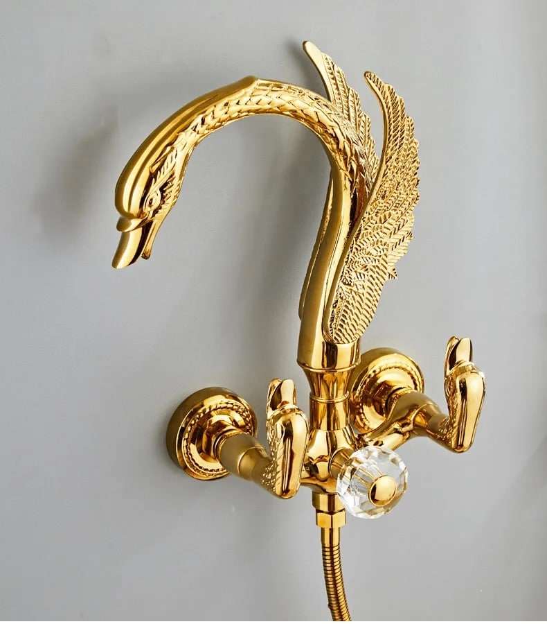 Luxury Gold Swan Shower Faucet Set with Rainfall Shower & Handheld Spray  -  Shower Sets & Bathtub Faucets