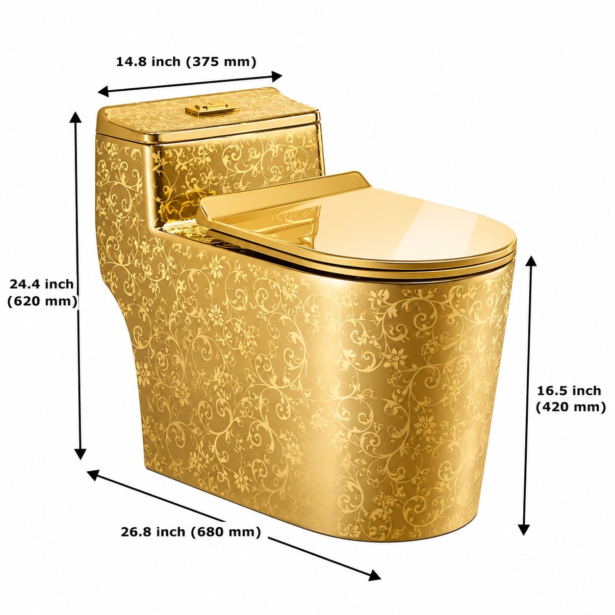 Luxury Gold Floral One-Piece Toilet – Designer Gold Ceramic Toilet with Ornate Pattern